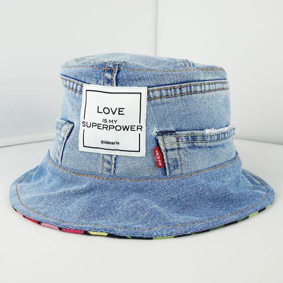 goldmarie Bucket Hat Hut LOVE IS MY SUPERPOWER - JEANS Recycelt - denim - reversible LOVE PEACE MOIN