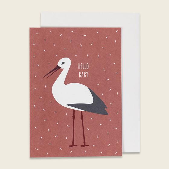 ava&yves Klappkarte - Zur Geburt Storch Helly Baby Rostrot