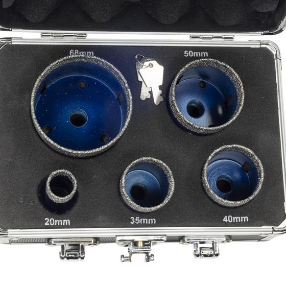 Diamant-Fliesenbohrer Set dünnlippig, Wandstärke 2,1 mm <br>5-teilig im stabilen Koffer <br> Ø 20 mm - 68 mm