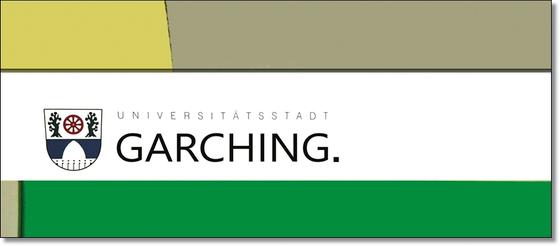 U-Bahnhof Garching Kaffeetasse - Garching Wappen mit schwarzer Schrift auf weißem Streifen, über grünem Streifen, unter beige-gelbem Streifen