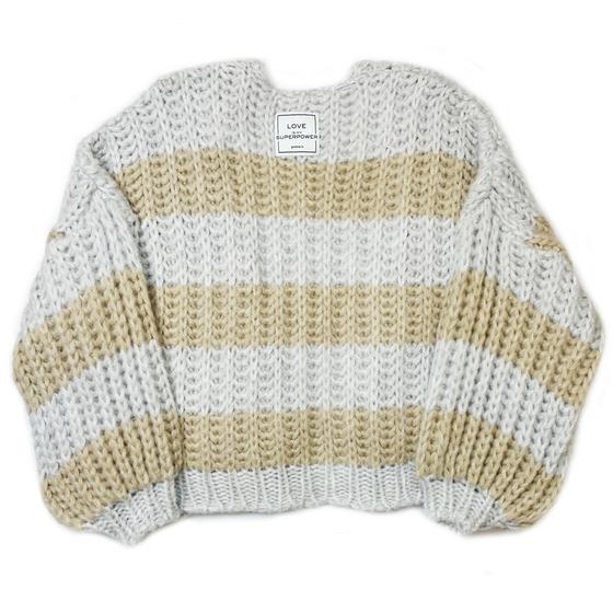 goldmarie Strickjacke LOVE IS MY SUPERPOWER - Grobstrick Streifen -  hellgrau-camel