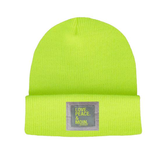 goldmarie Beanie Mütze LOVE PEACE MOIN - Reflektor Label - NEON gelb