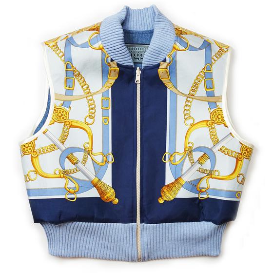 goldmarie Seidentuch-Weste LOVE IS MY SUPERPOWER - Vintage-Stoff Recycelt - blau - reversible OHMMM DIGGA -- mit Kosmetiktasche 