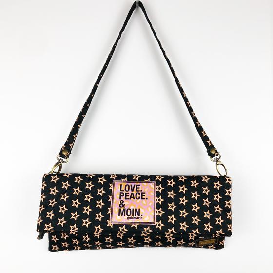 goldmarie Handtasche LOVE PEACE MOIN Canvas Sterne Muster - schwarz-braun- 30x14cm