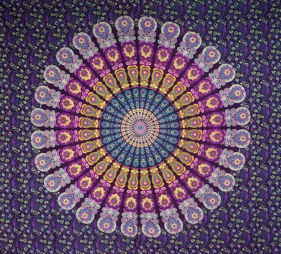 Boho-Style Wandbehang, indische Tagesdecke Mandala Druck - blau/lila