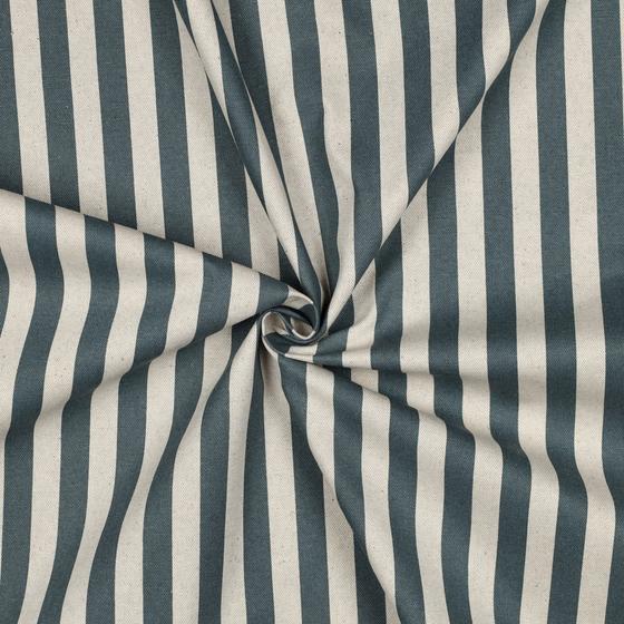 Beschichteter Canvas in Leinenoptik mit blauen Streifen – robuster, wasserabweisender Stoff für Taschen und Accessoires.