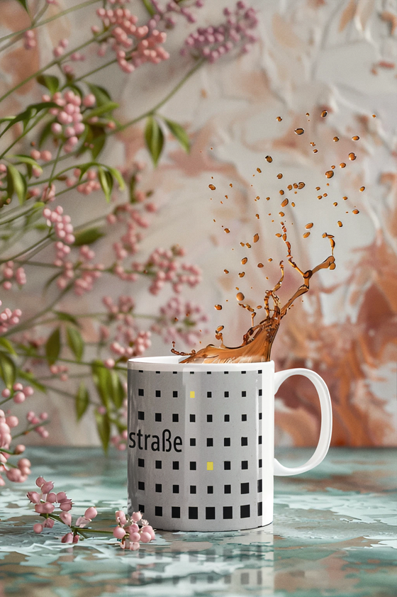 U-Bahnhof Quiddestraße Kaffeetasse - neues Gestaltung seit 2022 - schwarze Schrift auf grauem Grund mit gelb Schwarzen Punkten in unterschiedlicher Größe