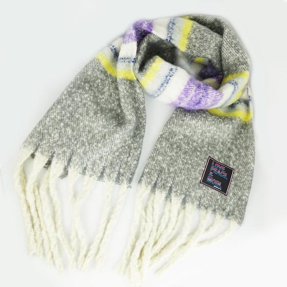 goldmarie Schal LOVE PEACE MOIN - mit Fransen und Streifen - grau-lavendel-bunt