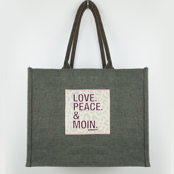 goldmarie Shopper Jute Tasche LOVE PEACE MOIN Leo Label - grau - 33x42x17cm