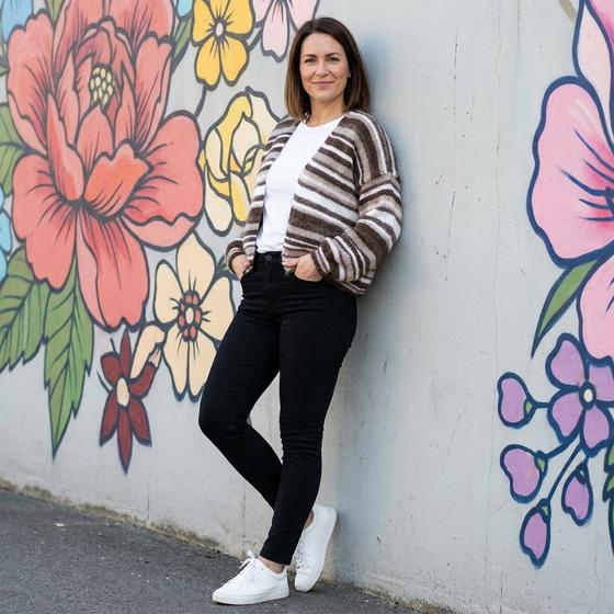 goldmarie Strickjacke LOVE PEACE MOIN - gestreift - braun-weiß