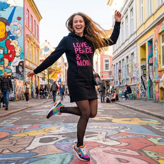 goldmarie Hoodie Sweatkleid LOVE PEACE MOIN - schwarz-pink 