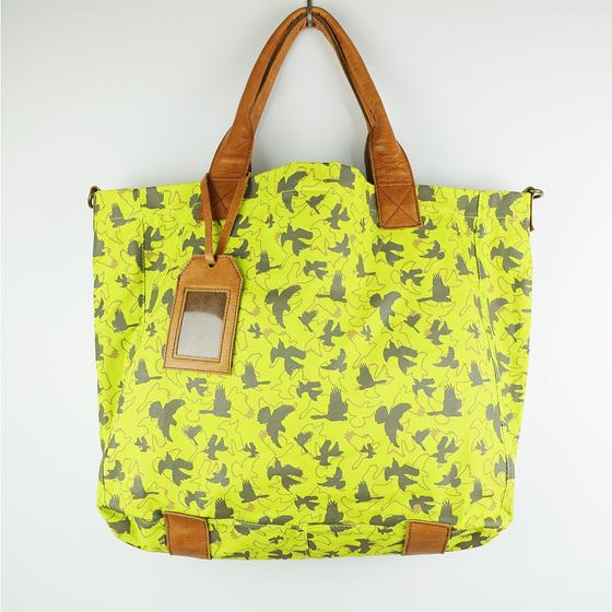 goldmarie Shopper Tasche Vogel Muster - Canvas mit Leder - limone-braun - 50x39cm