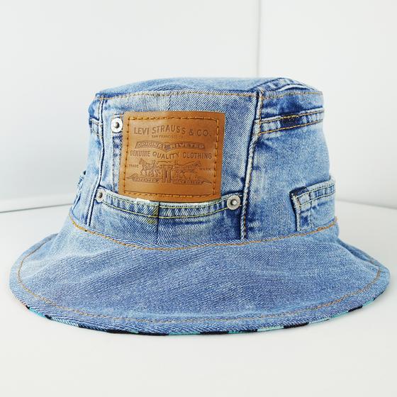 goldmarie Bucket Hat Hut LOVE IS MY SUPERPOWER - JEANS Recycelt - denim - reversible LOVE PEACE MOIN