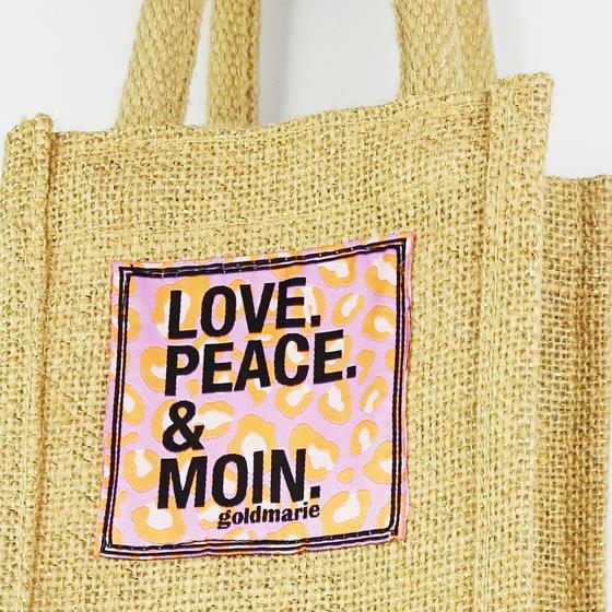 goldmarie Sekt- und Weinflaschentasche LOVE PEACE MOIN Leo Look Label - Jute - natur