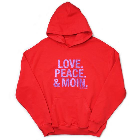 goldmarie LOVE PEACE MOIN Hoodie - rot-lila mit Glitzer - Unisex 