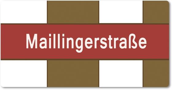 U-Bahnhof Maillingerstrasse Kühlschrankmagnet - weiße Schrift auf dunkelrotem Streifen vor weiß-braun gestreiftem Hintergrund