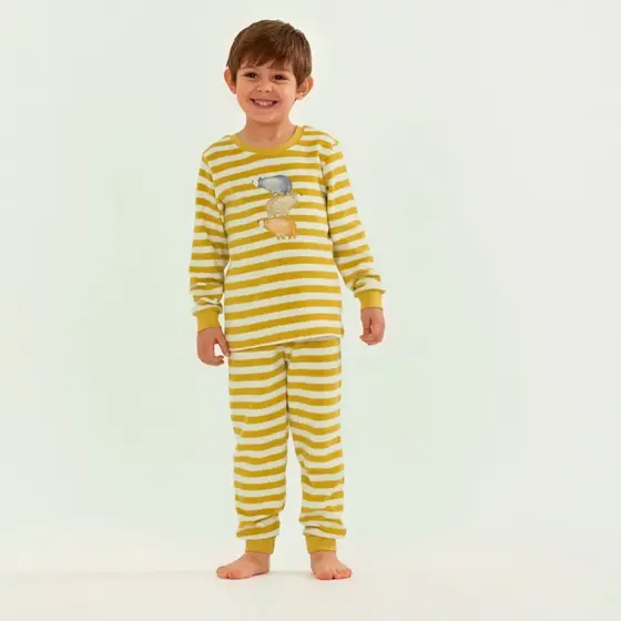 Sense Organics Pyjama Frottee Long John Senfgrau Weiß Geringelt