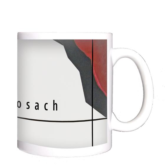 U-Bahn Tasse Moosach - schwarze Schrift auf weißem Hintergrund mit rot-schwarzen, abstrakten Steinformen