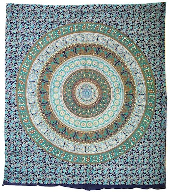 Boho-Style Wandbehang, indische Tagesdecke Mandala Druck - blau/grün