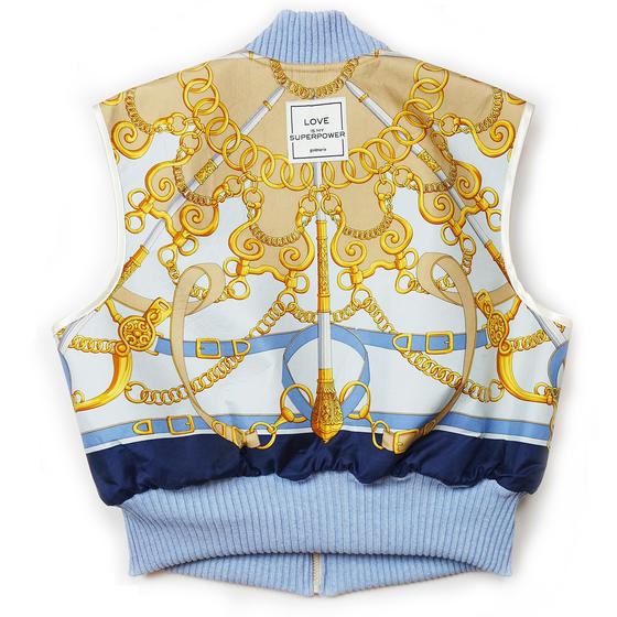 goldmarie Seidentuch-Weste LOVE IS MY SUPERPOWER - Vintage-Stoff Recycelt - blau - reversible OHMMM DIGGA -- mit Kosmetiktasche 