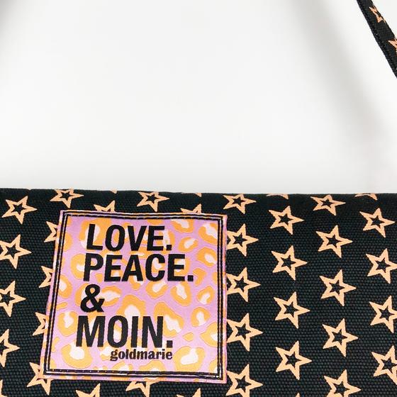 goldmarie Handtasche LOVE PEACE MOIN Canvas Sterne Muster - schwarz-braun- 30x14cm