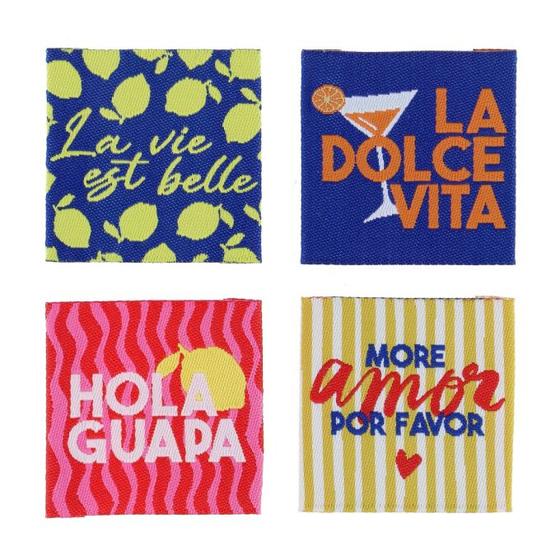 Bunte Bohin Webetiketten mit Sprüchen zum Aufnähen für selbstgenähte Taschen und Accessoires