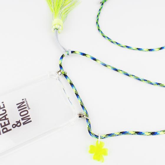 goldmarie Handykette HAMBURG KLEEBLATT BABE blau-lemon mit Fransenbommel 