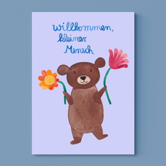 Frau Ottilie Postkarte - "Willkommen" mit Teddy