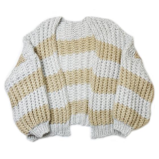 goldmarie Strickjacke LOVE IS MY SUPERPOWER - Grobstrick Streifen -  hellgrau-camel