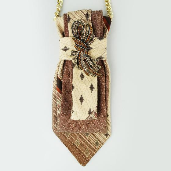 goldmarie Schmuck-Krawatte mit Strass-Schleife - Vintage Krawatte recycelt - braun-creme - upcycling Unikat
