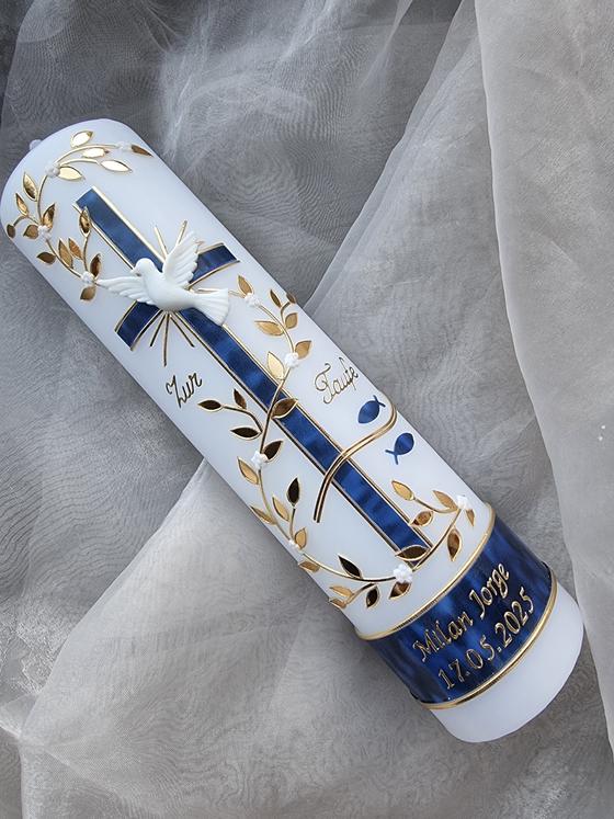 Edle Taufkerze blaumeliert/gold  TK026