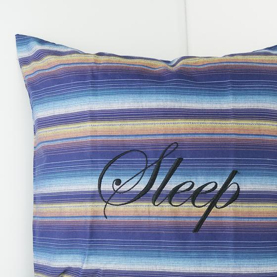 goldmarie Kissenhülle SLEEP & FUCK - gestreift - blau-gelb - 40x40cm