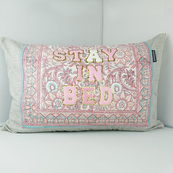 goldmarie Deko Kissen  STAY IN BED - gemustert - hellgrau rosa hellblau - 40x60cm