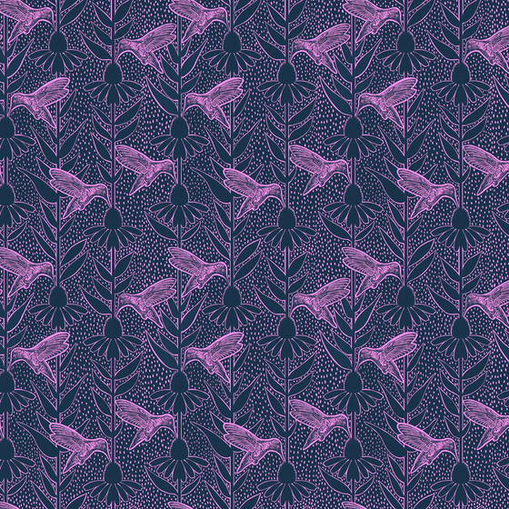 Kolibris auf tiefblauem Hintergrund: Humming Navy aus Indelible Ink von Anna Maria. Perfekt für Taschen, Rucksäcke und kreative Nähprojekte