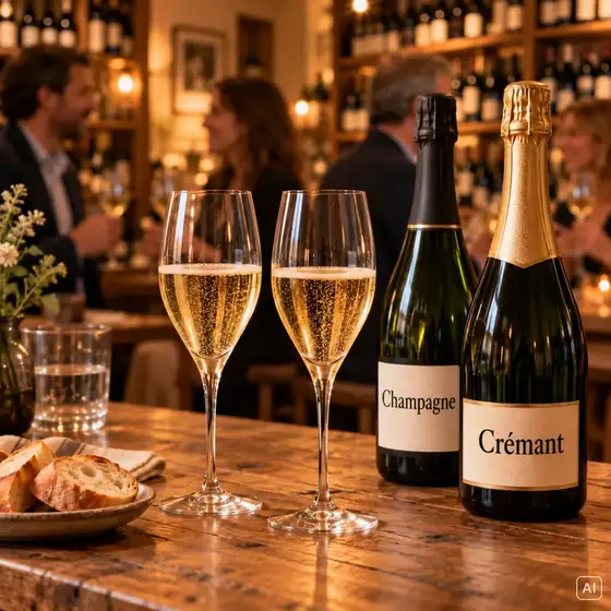 Zwei Gläser mit goldenem Schaumwein neben zwei Flaschen auf einem Holztisch in gemütlicher Weinbar, KI-generiertes Motiv