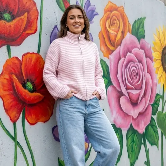 goldmarie Zip Strickjacke LOVE PEACE MOIN - gestreift - rosa-weiß 
