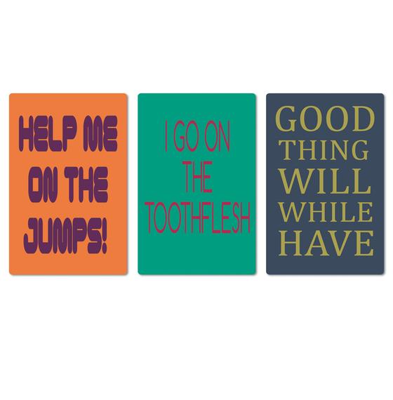Denglisch Magnet 3er Set - Orange, Türkis, Dunkelblau - Help me on the jumps - I go on the toothflesh - Good thing will while have 