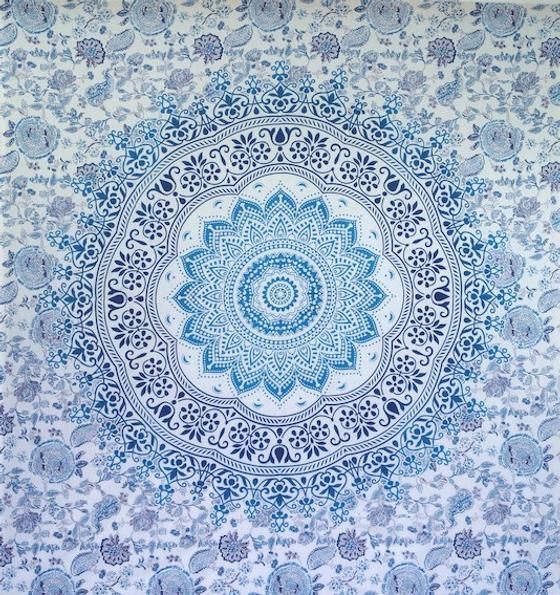 Boho-Style Wandbehang, indische Tagesdecke Mandala Druck - blau/türkis/weiß