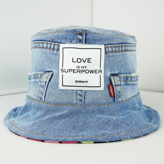 goldmarie Bucket Hat Hut LOVE IS MY SUPERPOWER - JEANS Recycelt - denim - reversible LOVE PEACE MOIN