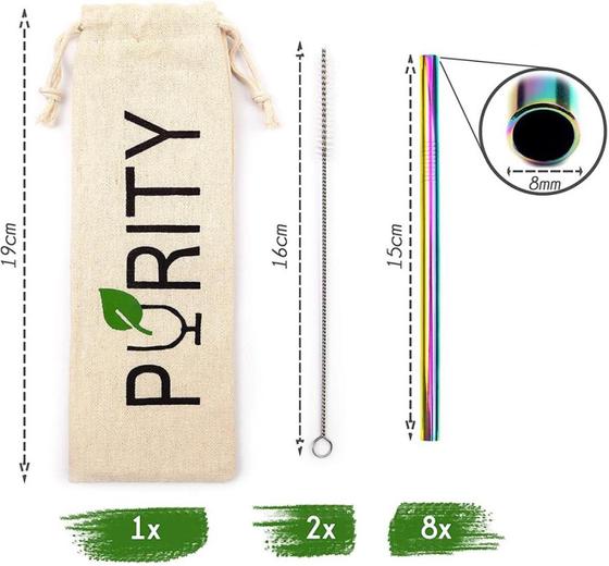 Purity Edelstahl Trinkhalme 8Stk. Rainbow