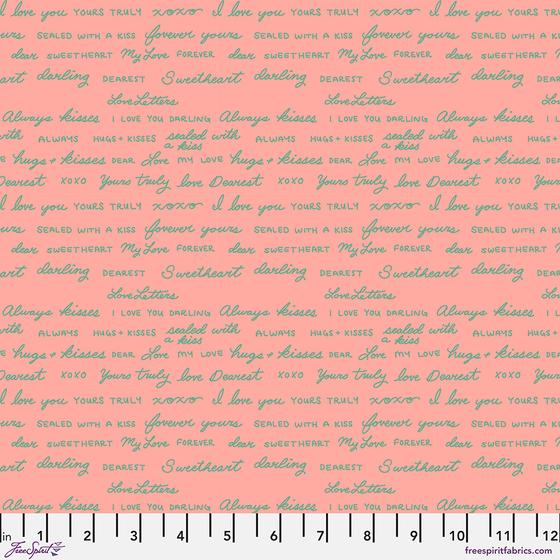 Sweet Nothings Pink Stoff aus der Love Letters Kollektion von Club Hauer – romantischer Baumwollstoff mit liebevollem Design, ideal zum Taschen nähen und Patchwork.