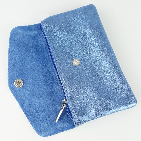 goldmarie Britt-Portemonnaie LOVE PEACE MOIN Neonschrift Label - Leder blau metallic - 15x9cm