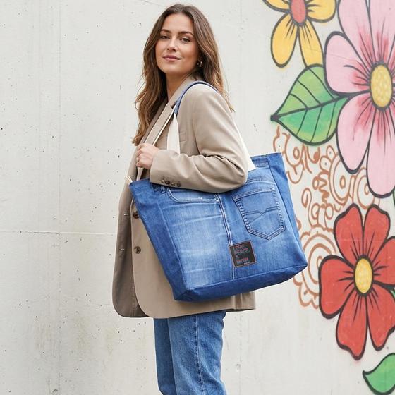 goldmarie Shopper Tasche JEANS Recycelt - LOVE PEACE MOIN - reversible - denim washed - 37x38x15cm