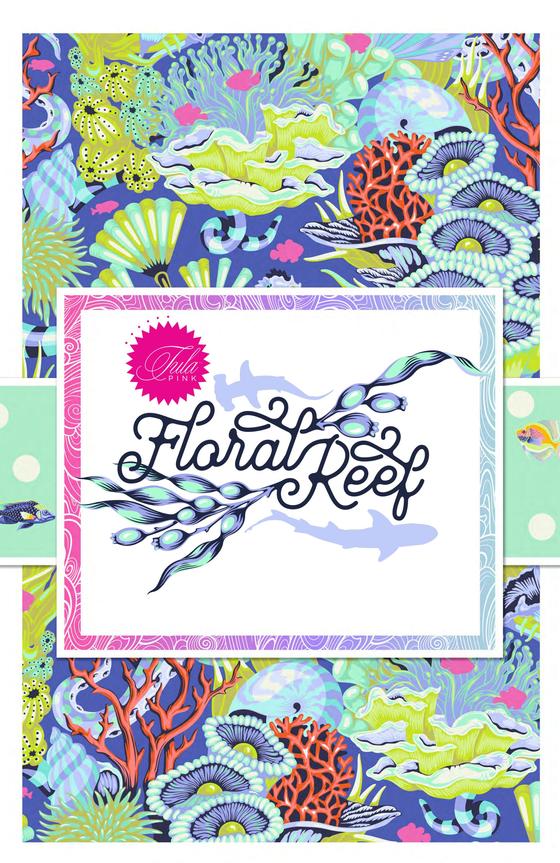 Detailreicher Baumwollstoff „Floral Reef Marine“ von Tula Pink mit bunter Unterwasserwelt in Blau-, Türkis- und Koralltönen.