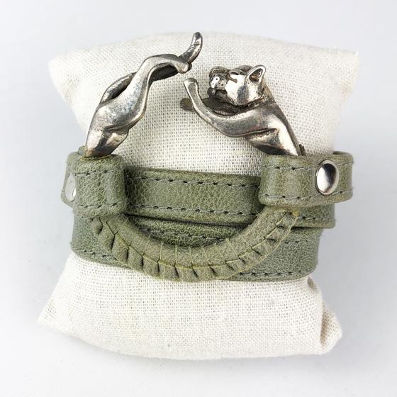 goldmarie Wickelarmband Leder graugrün Messing Panther versilbert