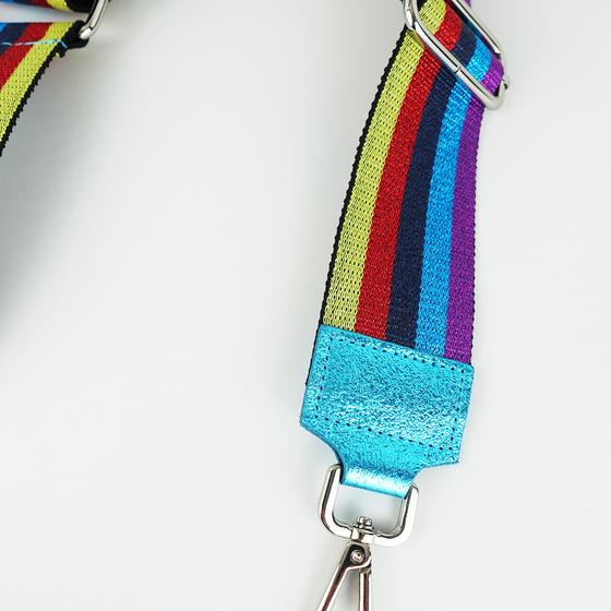 goldmarie Taschenriemen STREIFEN Muster rot-gelb-duneklblau-lila-hellblau metallic