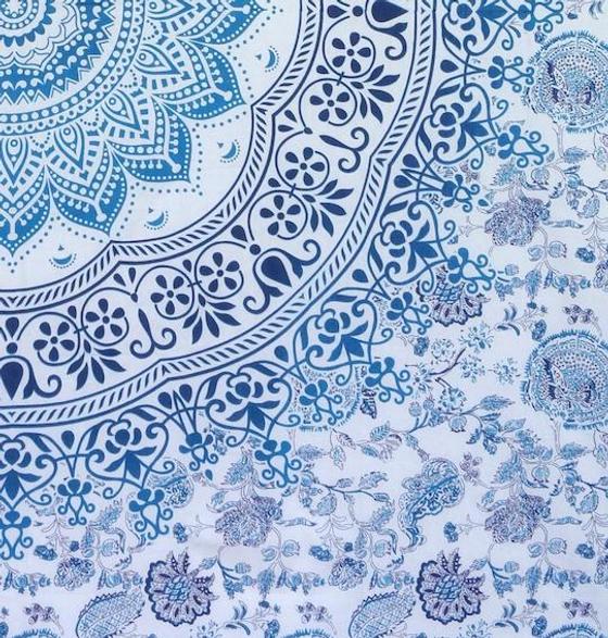 Boho-Style Wandbehang, indische Tagesdecke Mandala Druck - blau/türkis/weiß