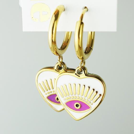 goldmarie Ohrringe HERZ mit AUGE - Stahl - gold-weiß-pink