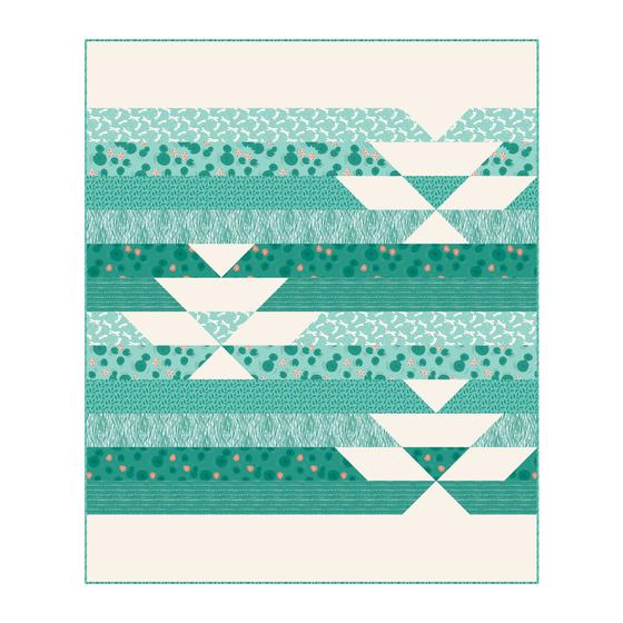 Cloud9 Fabrics Down the River von Mel Armstrong – Bio-Baumwollstoff mit Naturmotiven, Reihern, rosa Ottern und Seerosen in harmonischen Grün-, Türkis- und Rosatönen.