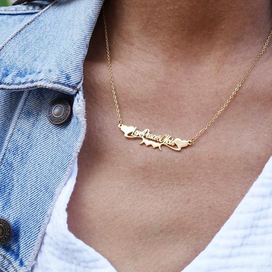 goldmarie Kette LOVE PEACE MOIN Schriftzug mit Herz - Stahl vergoldet